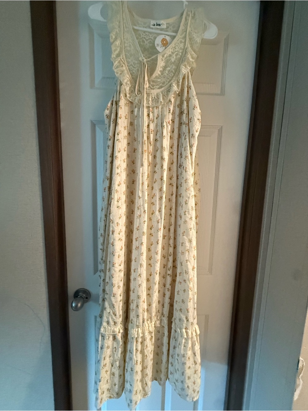 Cream Floral Lace-Trim Midi Dress with Ruffle Hem and Tie Neck